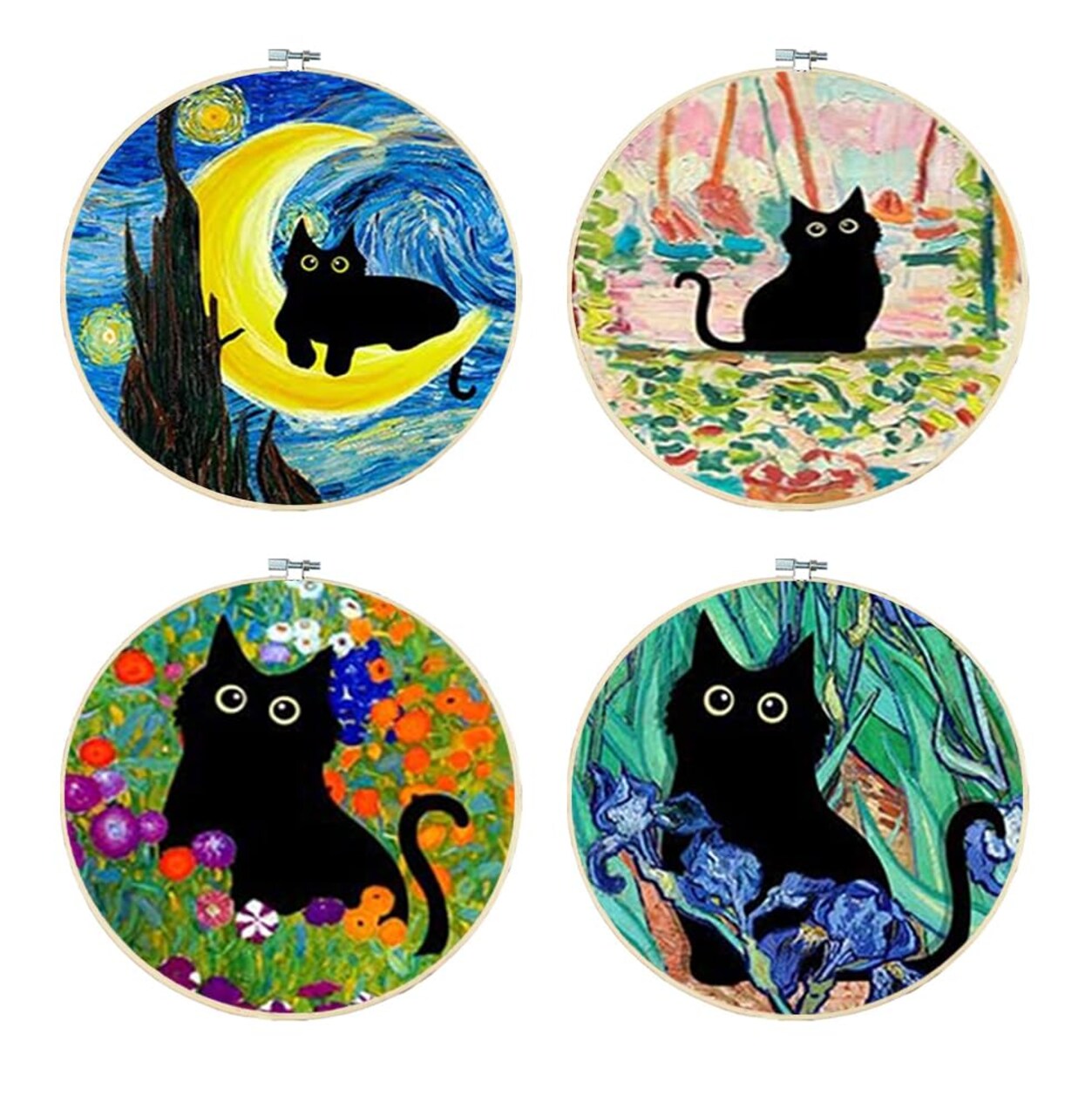 4 Pack Stamped Cross Stitch Kits with Frame - Black Cat Flower Starry Sky Moon Embroidery Kits for Beginners Adults,11 CT Patterns Dimensions Counted Cross Stitch Kits Arts Craft Kits 7.8 x 7.8 inch